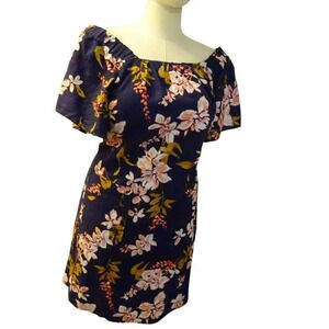Nicole Miller Orig. womens XXL navy floral print linen blend‎ short sleeve dress